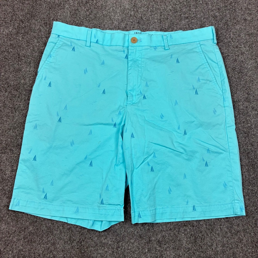 Izod Saltwater Mens W34 Turquoise Blue Sailboat Embroidered Stretch Chino Shorts